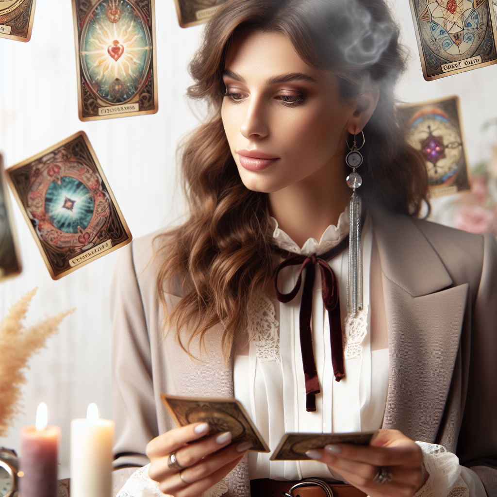 Caucasian woman reading tarot cards professionally